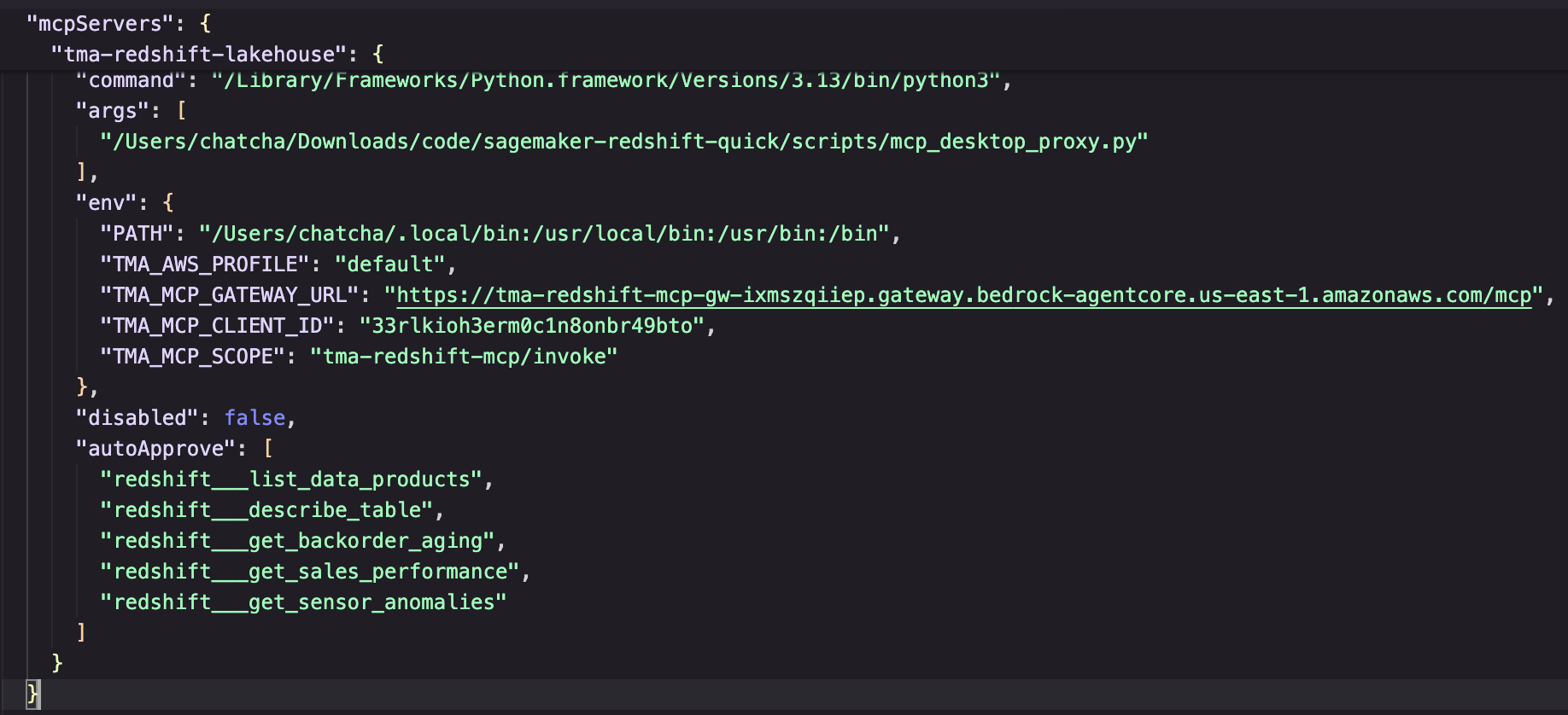 The same connection as text: the mcpServers entry for tma-redshift-lakehouse in the Quick desktop configuration file